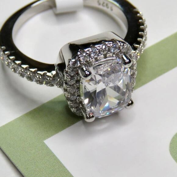 Macy's Square Cut Sterling Silver Moissanite Diamond Halo Ring S925 Size 6 - Picture 7 of 8